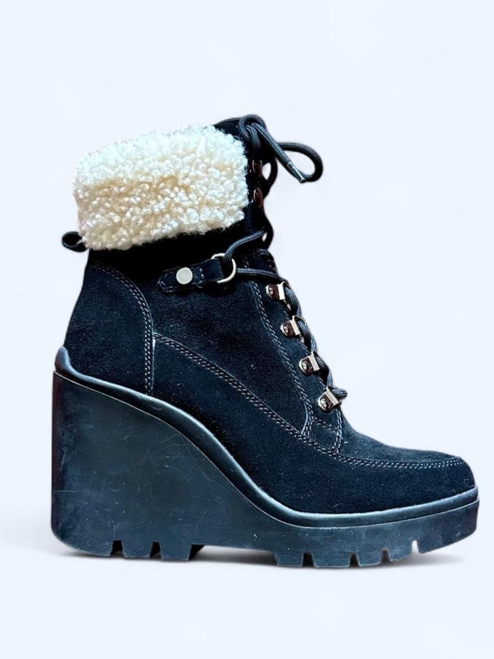 Guess Black Suede Shearling Wedge Boots